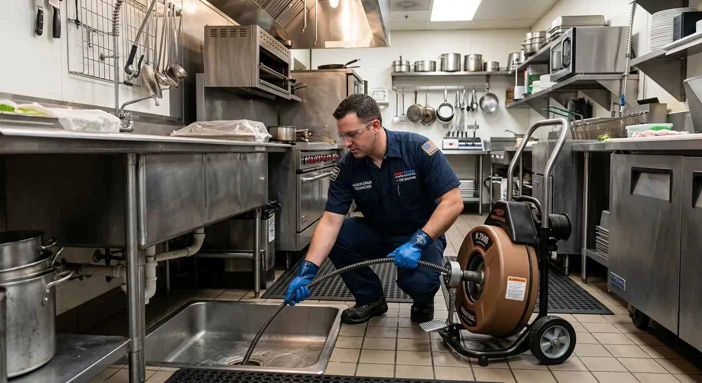Commercial drain cleaning service in a restaurant kitchen in Savage