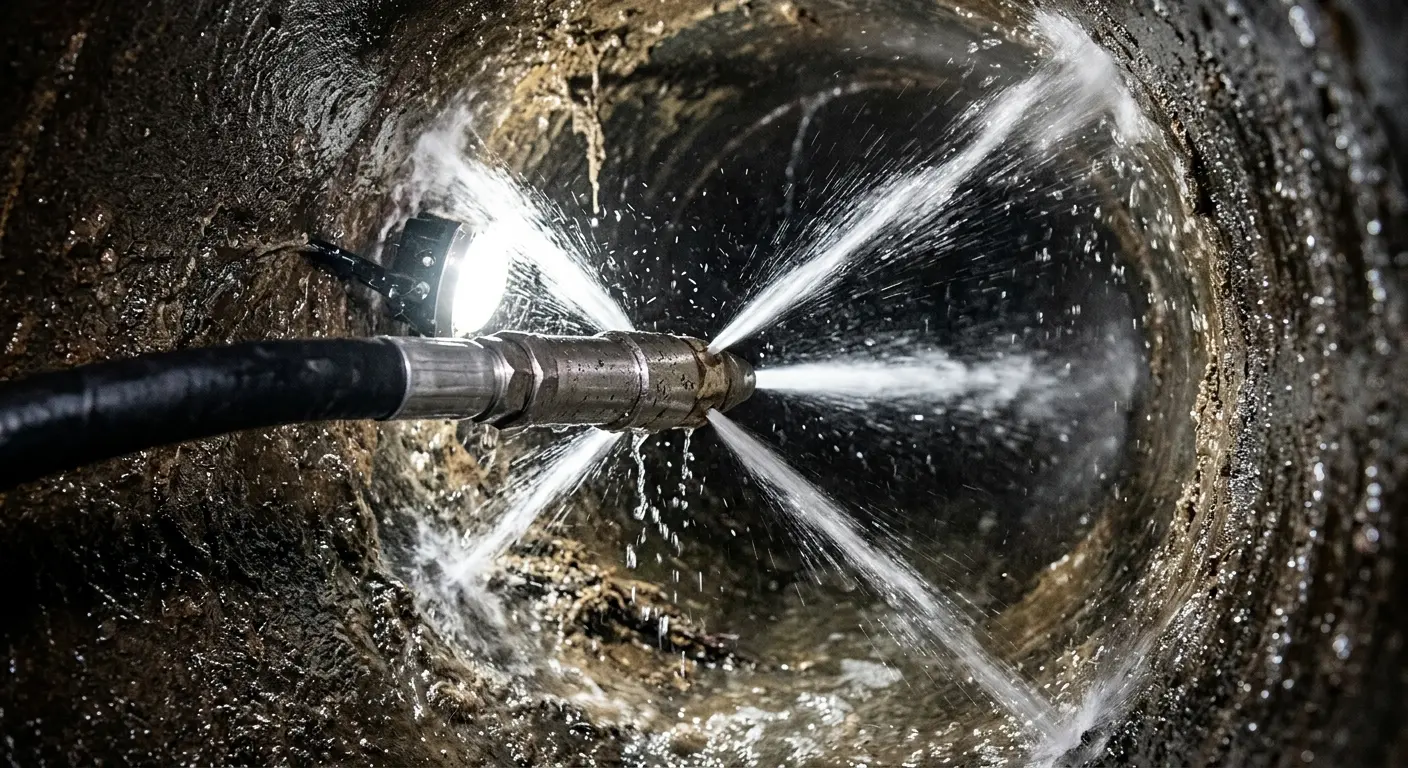High-pressure hydro jetting nozzle cleaning sewer pipe for Emergency Drain Service in Savage