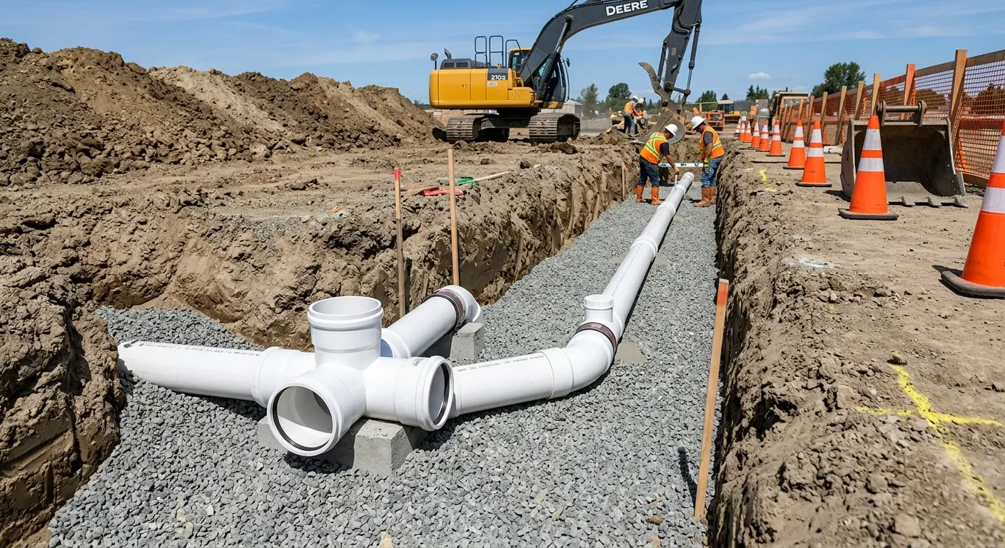 New PVC sewer pipe installation in open trench for Commercial Drain Cleaning in Savage