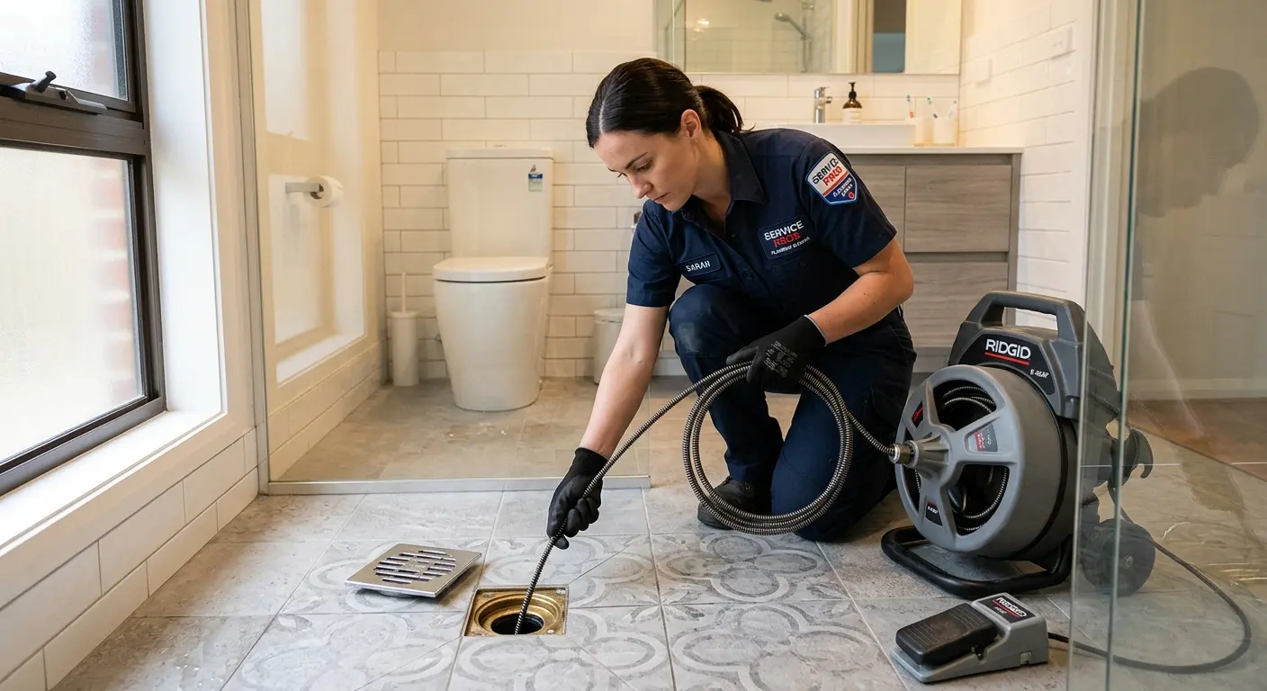 Technician clearing a bathroom floor drain for Hydro Jetting in Savage
